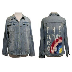BBJ LA Womens Denim Jacket Sz L The Future is Ours Urban Wear Distressed Painted